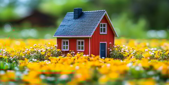 Small red house surrounded by flowers. A miniature red house sits among vibrant yellow and white flowers in a green garden during daytime. photo