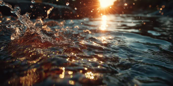 Beautiful sunlight reflecting on water with splashes creating a mesmerizing effect at sunset near a tranquil location photo