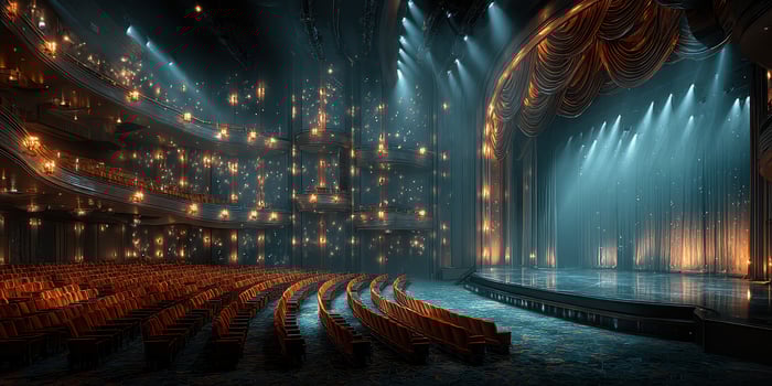 Elegant theater interior with rows of seats and stage illuminated by warm lights during an evening performance photo