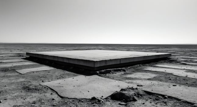Concrete Platform in a desolate, cracked Landscape, a minimalist Black and White View. photo