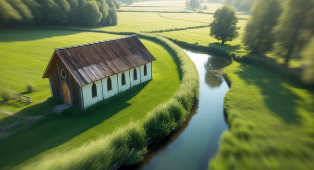 A small church sits on a green field next to a river photo