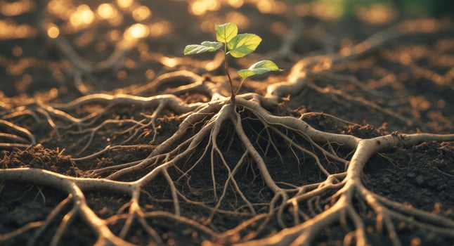 A plant with roots growing out of the ground photo