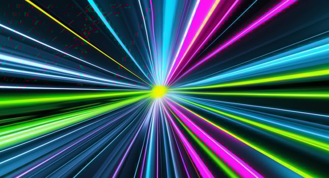 A colorful light beam is shown in the background photo