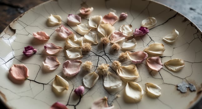 Rose Petals and Buds on a Crackled Plate, A Delicate and Fragile Beauty Still Life. photo