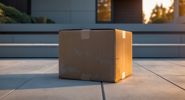 Cardboard Box on the Porch of a Modern House at Sunset, Delivery Concept. photo