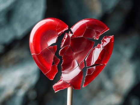 Shattered Valentine. A Broken Red Heart Lollipop Symbolizing Loss and Heartbreak. photo
