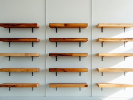 A wall with shelves holding wooden shelves photo