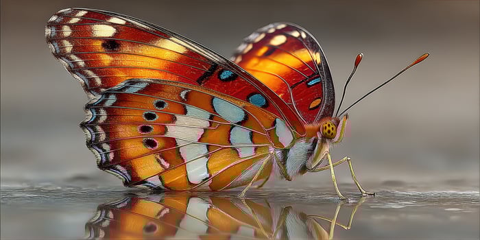 Colorful butterfly resting on a reflective surface in natural light during midday in a serene outdoor setting photo