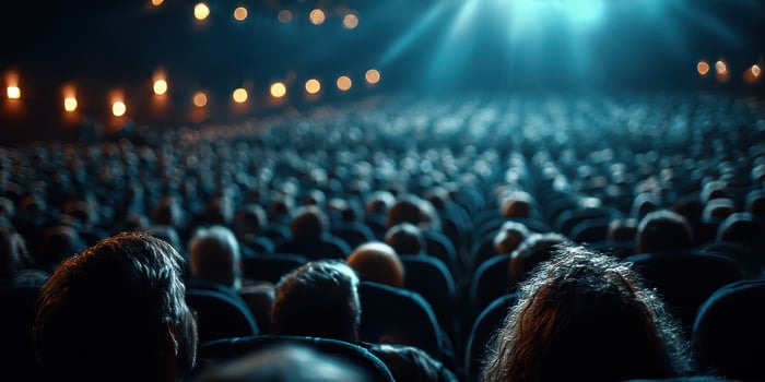 Crowd gathered in a theater watching a performance with dim lights and focused stage illumination in the evening photo