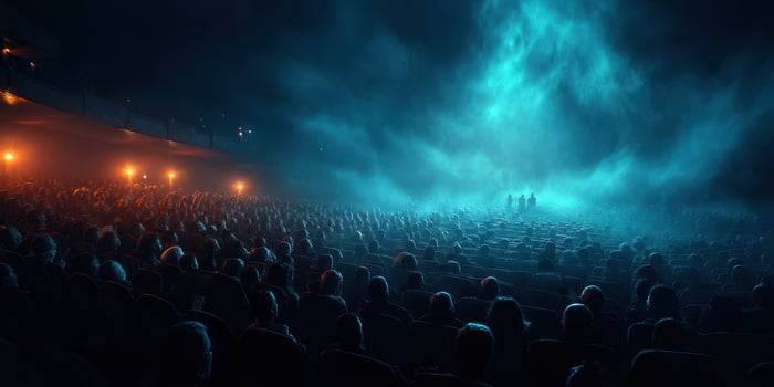Large audience in a dark theater experiencing an immersive performance with fog and dramatic lighting at night photo