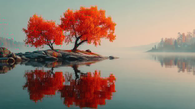 Vibrant red trees reflect in calm water at sunrise in tranquil nature landscape photo