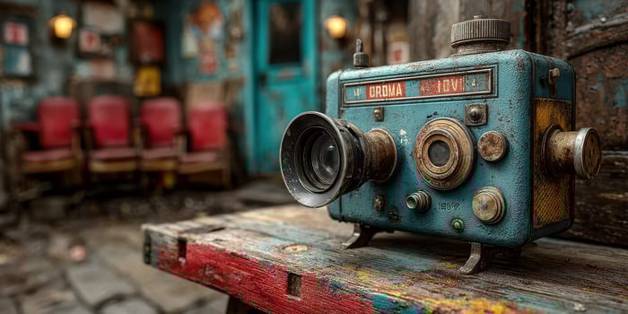 Vintage camera on a rustic table in a cozy interior with red chairs during late afternoon sunlight photo