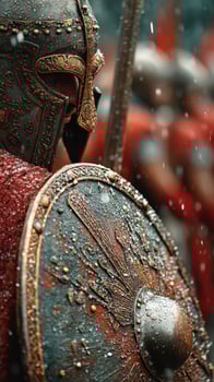 Ancient warriors prepare for battle in the rain with detailed armor and shields photo