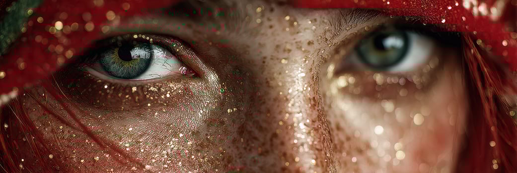 Vibrant eyes adorned with glitter stand out in close-up during a festive celebration in a lively environment photo