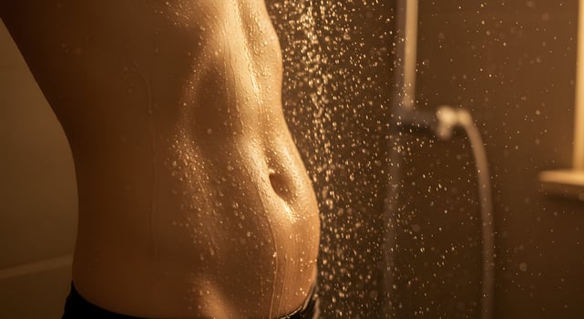 Close-up image of a slim woman belly while showering, water glistening ideal for cosmetic visuals, self-care ads, or skin hydration themes. photo