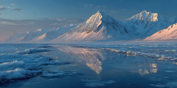 Snowy mountain range reflecting in calm water during twilight hours in a remote polar region photo