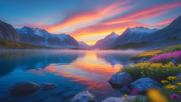Reflecting Lake at Sunset with Mountain View and Colorful Wildflowers photo