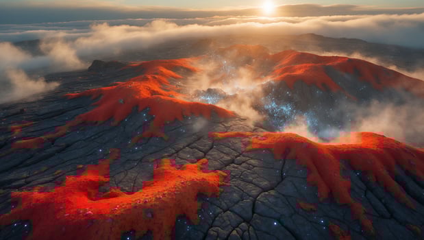 Volcanic Landscape with Red Lava Flowing Into a Crater Under Sunlight photo