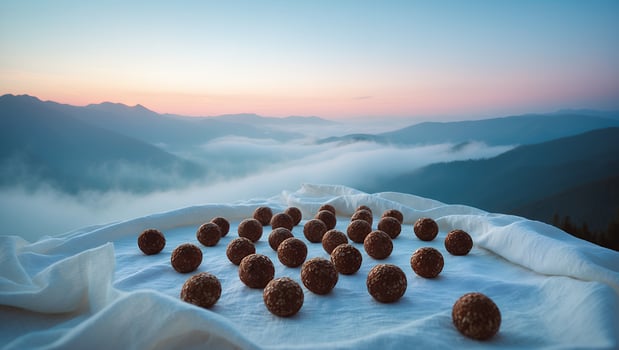 Arranging Chocolate Balls on Fabric Overlooking Misty Mountain Dawn Scenery photo