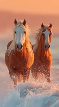 Horses running through the ocean waves at sunset creating a breathtaking natural spectacle photo