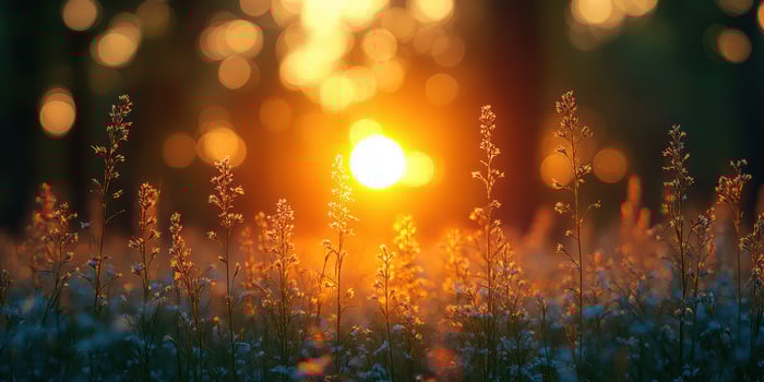 Sunset over wildflowers creates a serene atmosphere in a forest clearing photo