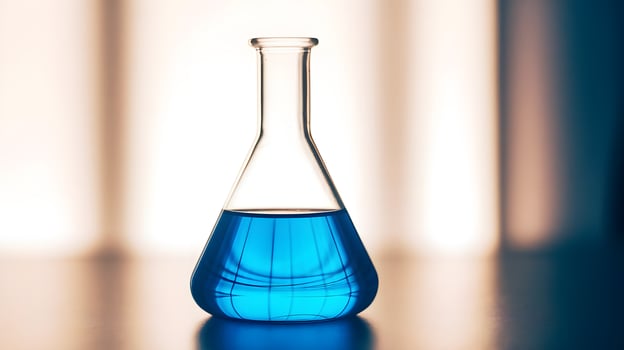 Laboratory glassware with blue liquid against blurred white background photo