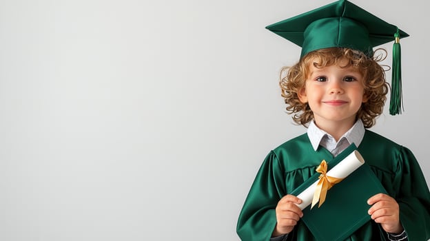 Young boy a curly hair wearing holds green graduation cap and gown. He with a diploma in his hand and smiles at the camera. The background is plain and neutral. photo
