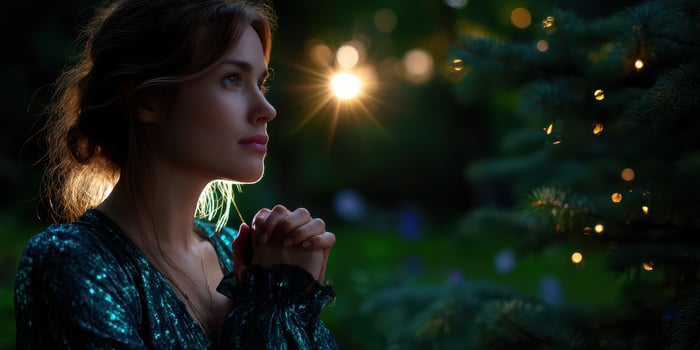 Woman in shimmering dress gazes thoughtfully while praying outdoors at twilight photo
