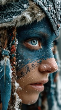 Portrait of a warrior with face paint and braided hair in a snowy landscape during winter photo