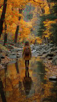 Woman walking through a tranquil stream surrounded by vibrant autumn foliage in a serene forest photo