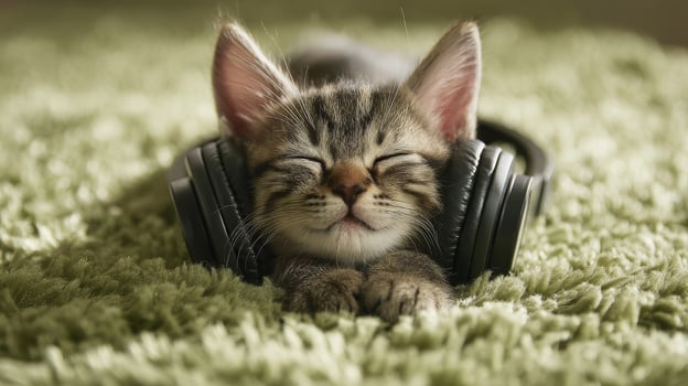 Happy kitten wearing headphones cozy room cute animal image peaceful atmosphere photo