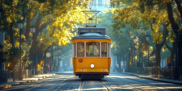 Bright yellow tram travels through tree-lined street during golden hour in a vibrant urban area photo