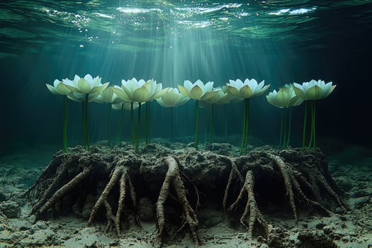 Underwater Lotus Flowers Blooming From Roots in Dark Water photo