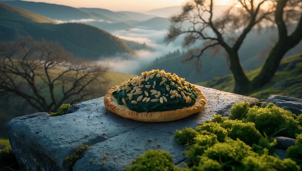Presenting Savory Tart Filled Spinach on Stone with Mountain Backdrop photo