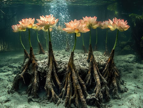 Underwater Lotus Flowers Blossom With Exposed Roots photo