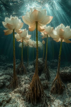 Underwater Lotus Flowers Blooming in Sunlit Depths photo