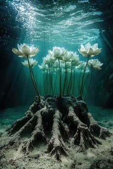 Underwater Lotus Flowers Blooming From Roots photo