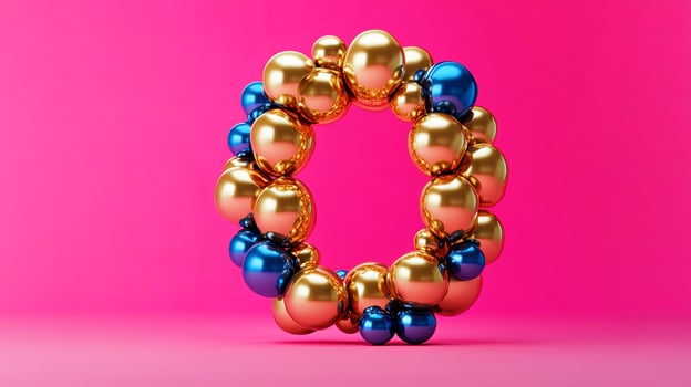 Colorful 3D illustration of a circular arrangement of shiny gold and blue spheres on a vibrant pink background, showcasing modern design and playful aesthetics photo