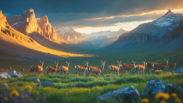Deer Herd Grazing in Mountain Valley at Sunrise with Golden Light photo