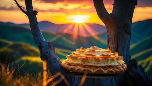 Pastry Dessert Placed on Tree Stump with Scenic Mountain Sunset photo