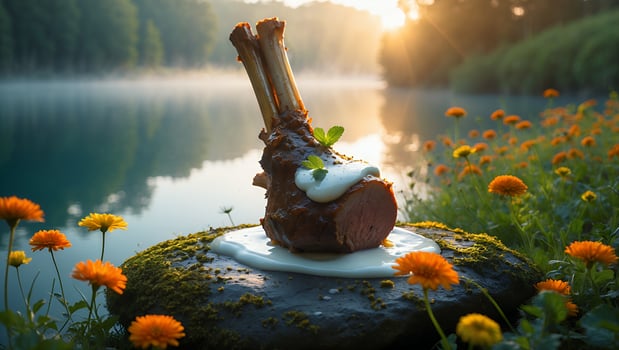 Roasted Lamb Shank by Lakeside with Cream Sauce and Fresh Herbs photo