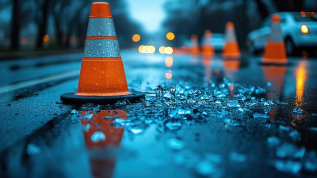 Construction site with orange cones and shattered glass on a rainy street during evening hours photo