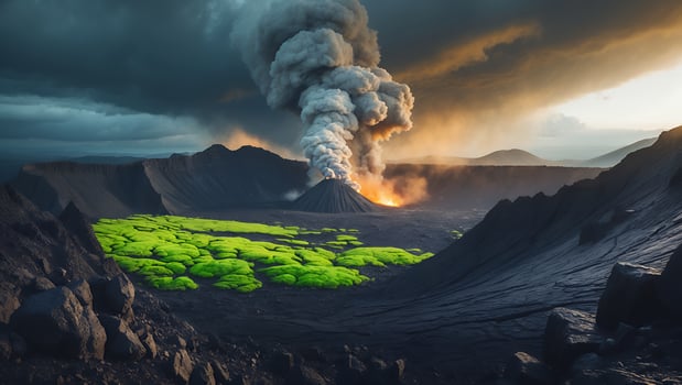 Volcanic Eruption with Rising Smoke and Green Terrain in Landscape photo