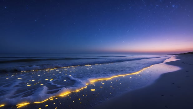 Glowing Wave on Beach at Night Under Starry Sky photo