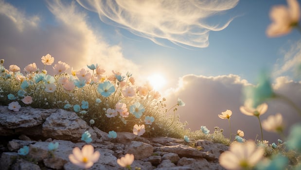 Flowers on Rock, Sky and Sunlight Landscape photo