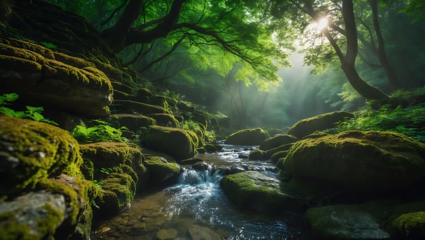 River Flowing Through Mossy Rocks in Green Forest photo
