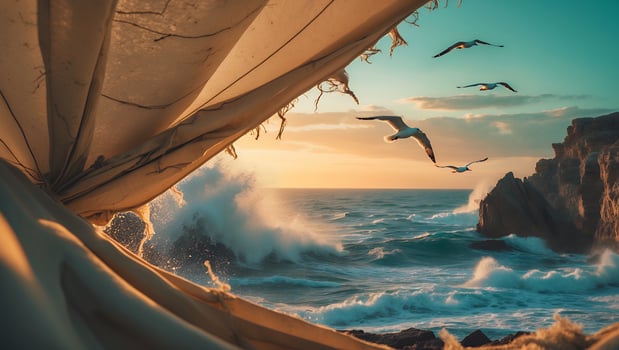 Ocean Waves and Seagulls Flying at Sunset by Rocky Coastline photo