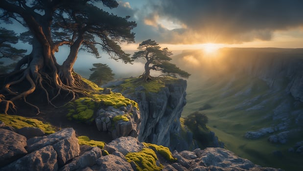 Tree on Cliff at Sunset View Landscape Nature Scenery photo