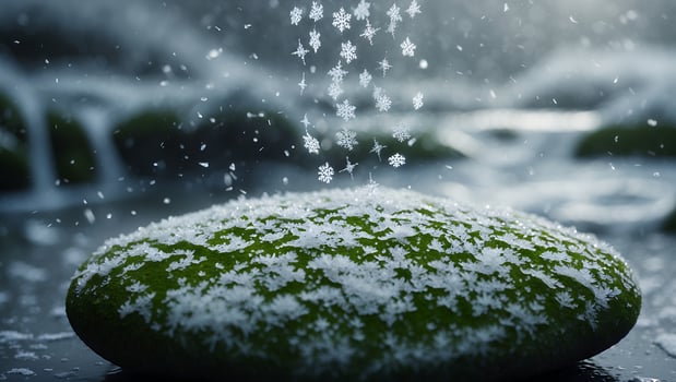 Snowflakes Falling on a Mossy Rock photo