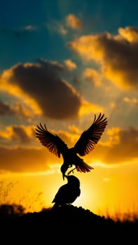 Dramatic Silhouette of Two Birds at Sunset Wildlife Interaction Avian Flight photo